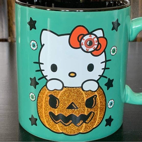 Hello Kitty 20oz Teal Green Halloween Mug - Jack O Lantern Stars Eyeballs - Picture 2 of 8
